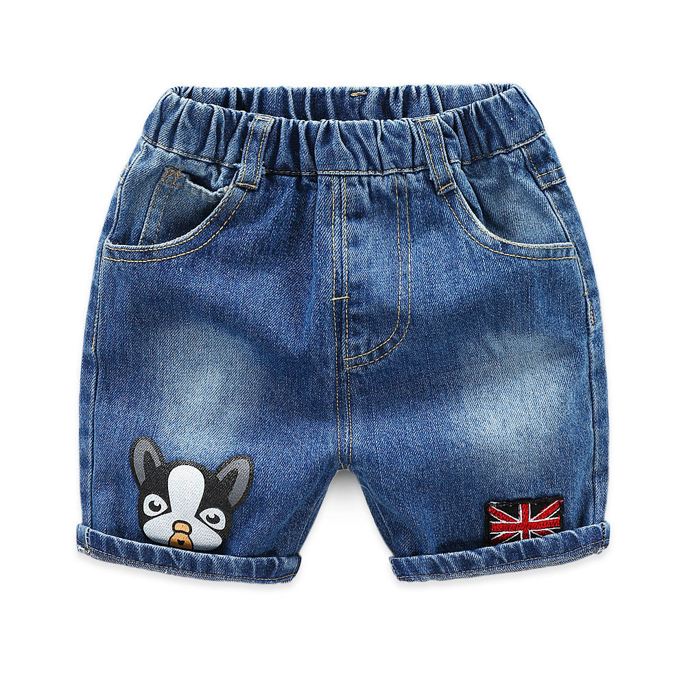 jual [119175-BLUE] - Celana Pendek Jeans Anak Kekinian - Motif Flags &amp; Dogs 