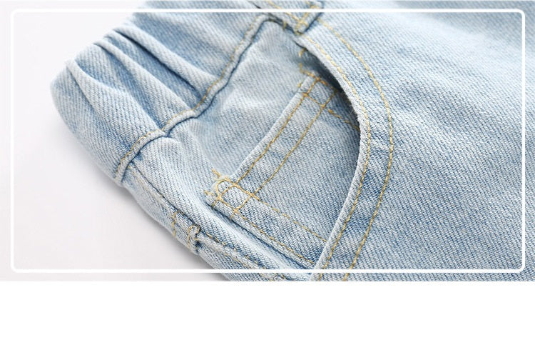 jual [119175-BLUE DENIM] - Celana Pendek Jeans Anak Korea - Motif Flags &amp; Dogs 