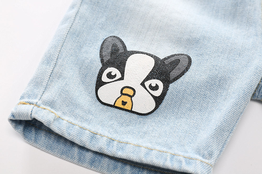jual [119175-BLUE] - Celana Pendek Jeans Anak Kekinian - Motif Flags &amp; Dogs 