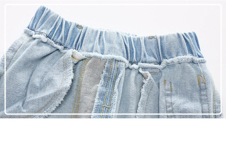 jual [119175-BLUE DENIM] - Celana Pendek Jeans Anak Korea - Motif Flags &amp; Dogs 