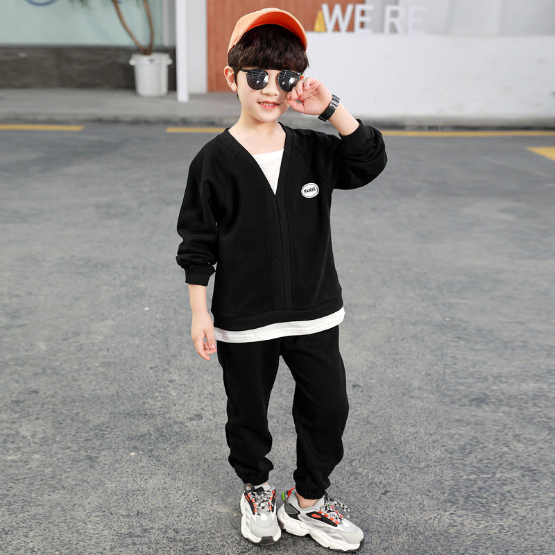 [119358] - Setelan Sweater V Neck Celana Panjang Jogger Anak Cowok - Motif Casual Plain