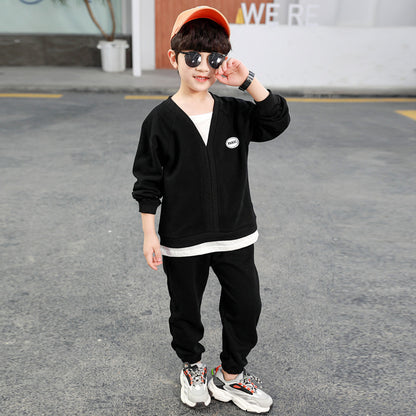 [119358] - Setelan Sweater V Neck Celana Panjang Jogger Anak Cowok - Motif Casual Plain