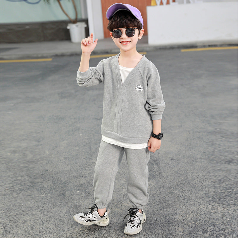 [119358] - Setelan Sweater V Neck Celana Panjang Jogger Anak Cowok - Motif Casual Plain