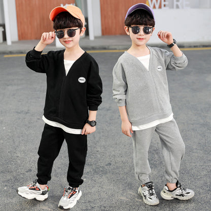 [119358] - Setelan Sweater V Neck Celana Panjang Jogger Anak Cowok - Motif Casual Plain