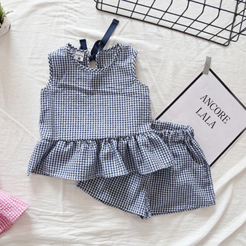 [363103-BLUE] - Setelan Fashion Anak Perempuan Modish - Motif Small Gingham