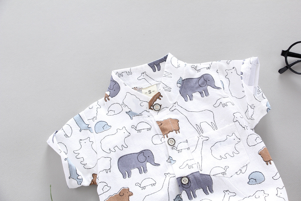 [368116-WHITE] - Setelan Kemeja Koko Anak / Setelan Fashion Anak - Motif Animal Pattern