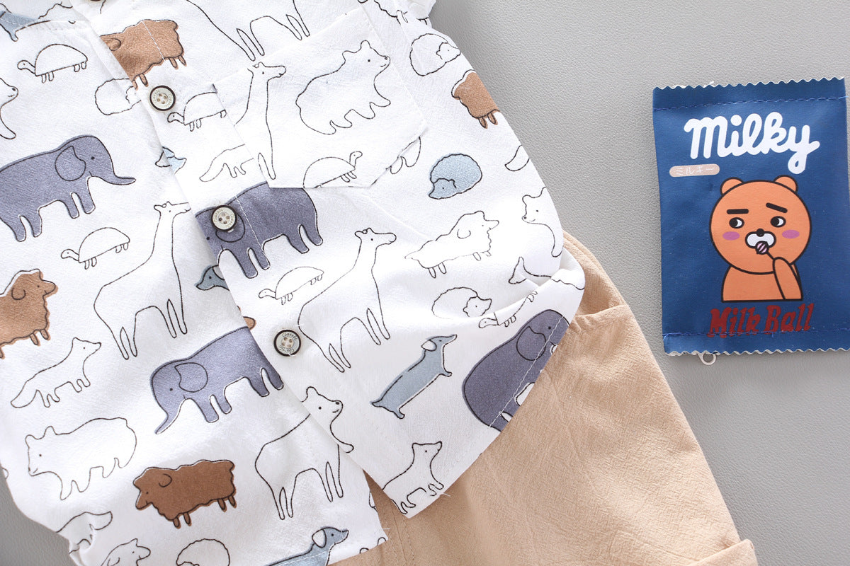 [368116-WHITE] - Setelan Kemeja Koko Anak / Setelan Fashion Anak - Motif Animal Pattern