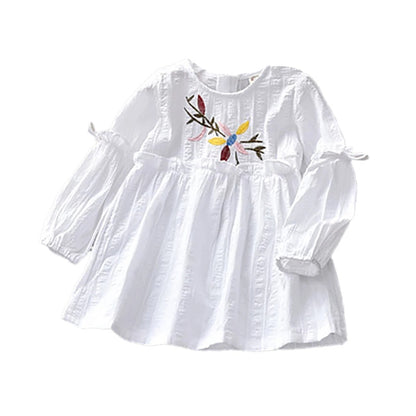 [511113-WHITE] - Dress Anak Fashion Kekinian - Motif Bordir Flower Leaf