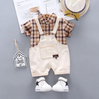 [368164-CREAM] - Setelan Kemeja Overall Anak - Motif Madras Style