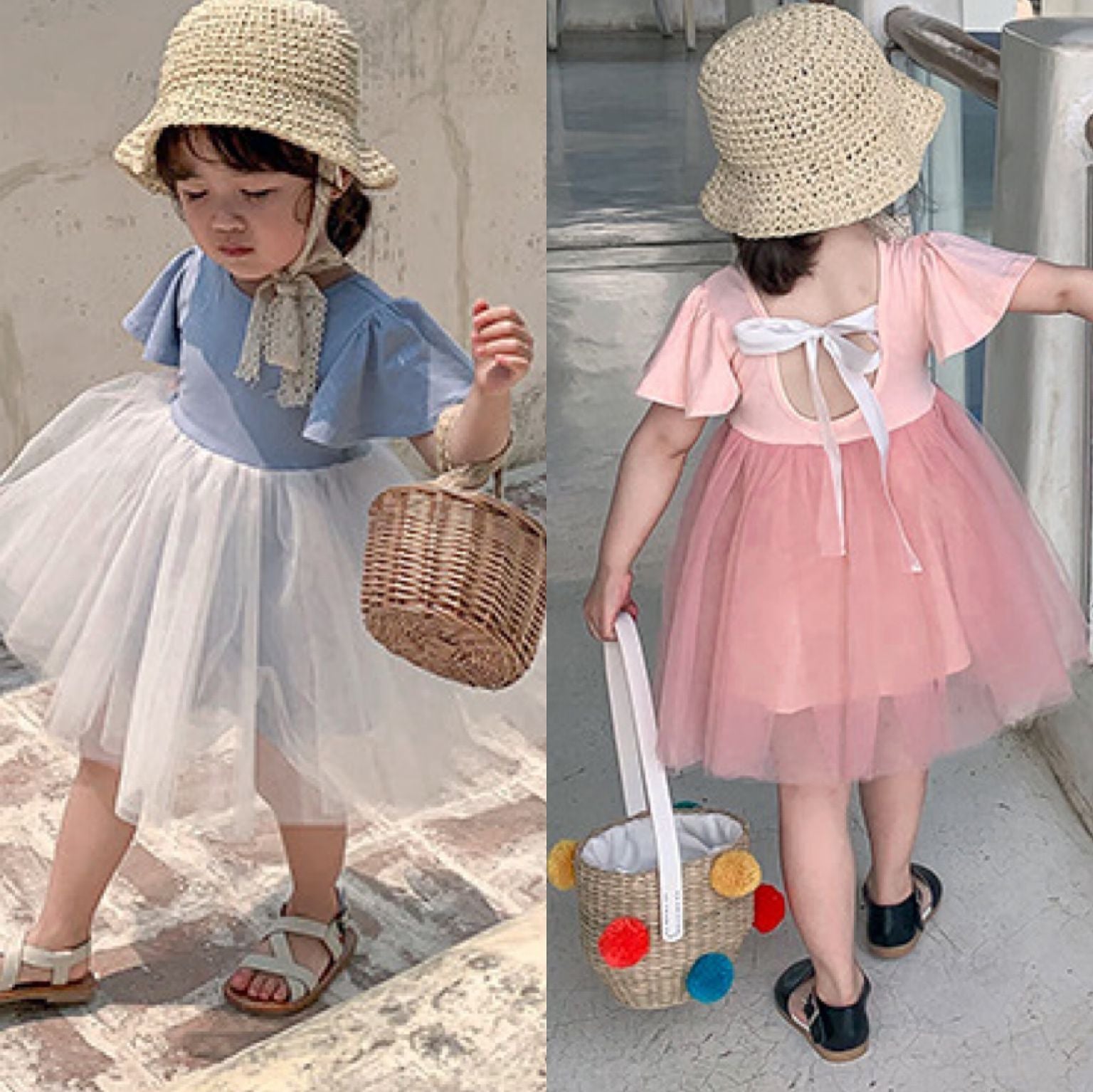 [507159-BLUE WHITE] - Dress Fashion Anak Perempuan Import - Motif Back Strap