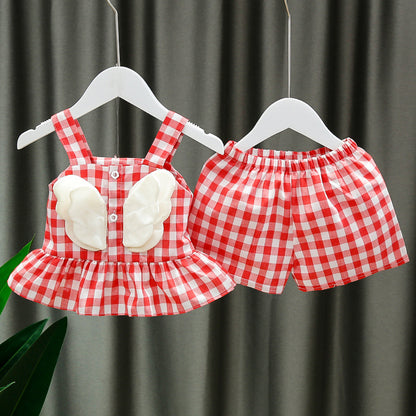 [352165-RED WHITE] - Setelan 3D Anak Perempuan High Fashion - Motif Gingham Wings