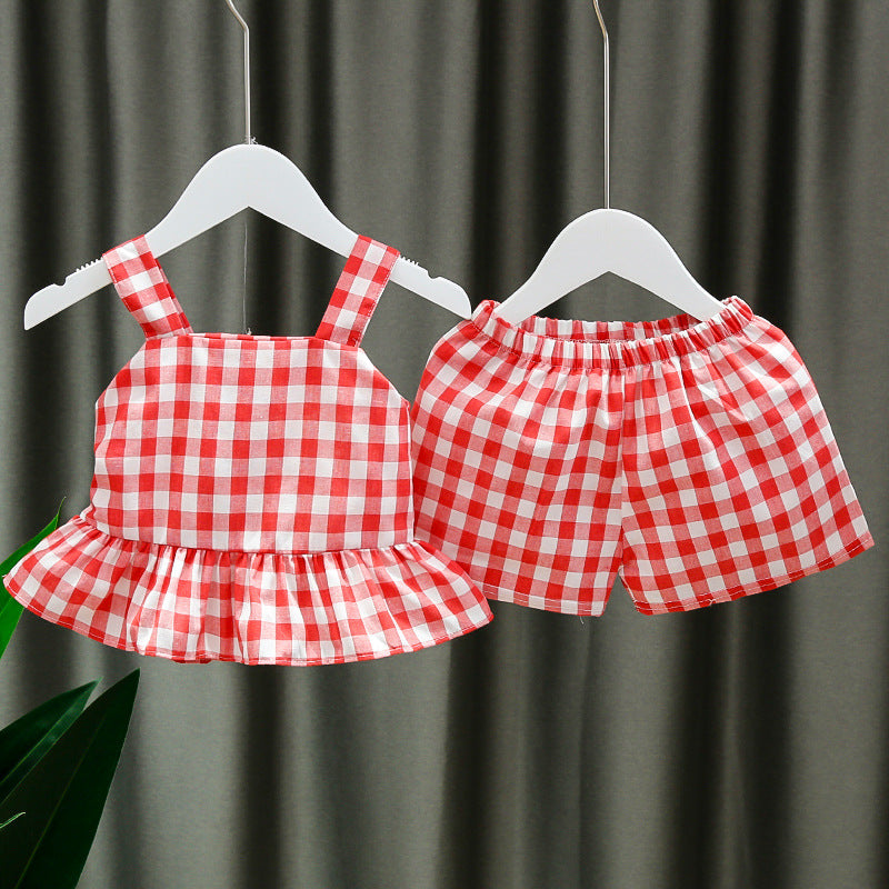 [352165-RED WHITE] - Setelan 3D Anak Perempuan High Fashion - Motif Gingham Wings