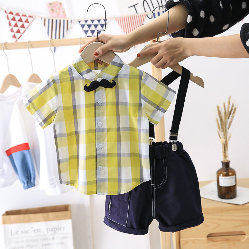 [368282-YELLOW] - Setelan Kemeja Suspender Anak - Motif Mustache Tie