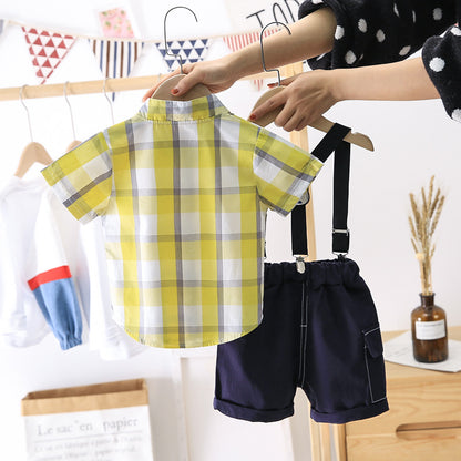 [368282-YELLOW] - Setelan Kemeja Suspender Anak - Motif Mustache Tie