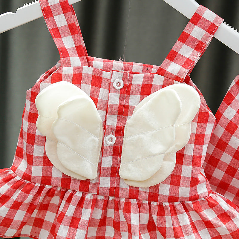 [352165-RED WHITE] - Setelan 3D Anak Perempuan High Fashion - Motif Gingham Wings