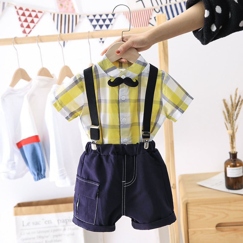 [368282-YELLOW] - Setelan Kemeja Suspender Anak - Motif Mustache Tie