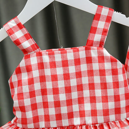 [352165-RED WHITE] - Setelan 3D Anak Perempuan High Fashion - Motif Gingham Wings