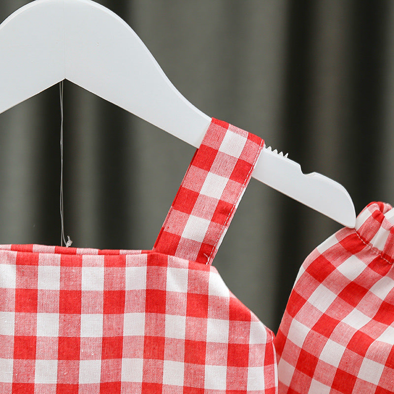 [352165-RED WHITE] - Setelan 3D Anak Perempuan High Fashion - Motif Gingham Wings