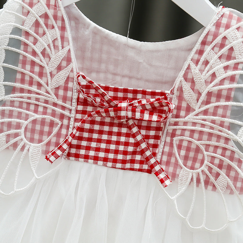 [352181-RED] - Dress Import 3D Anak Perempuan High Fashion - Motif Gingham Butterfly Wings