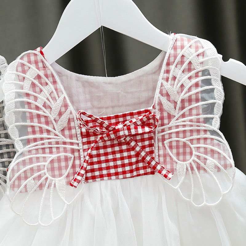 [352181-RED] - Dress 3D Anak Perempuan High Fashion - Motif Gingham Butterfly Wings