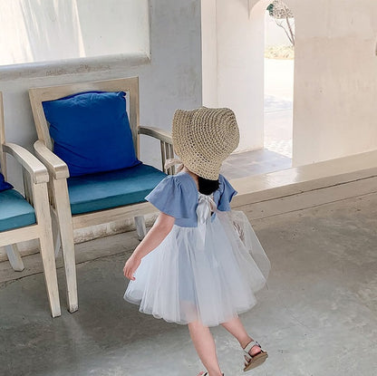 [507159-BLUE WHITE] - Dress Fashion Anak Perempuan Import - Motif Back Strap