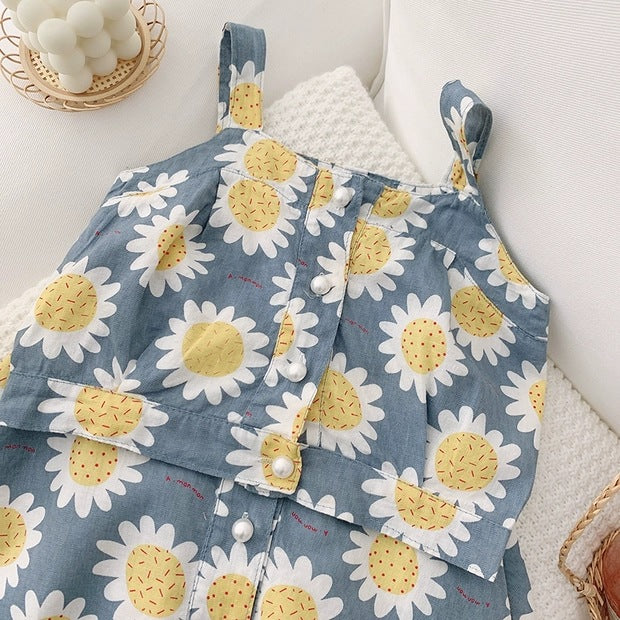 [363196-GRAY BLUE] - Setelan Import Fashion Trend Anak Perempuan - Motif Sunflower Pattern