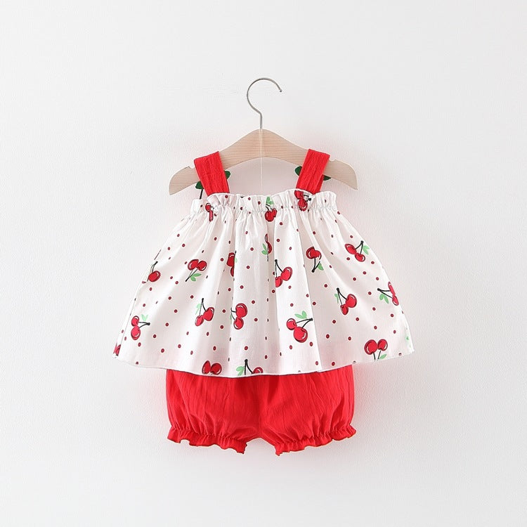 [340259] - Setelan 3D Blouse Kutung Pantai Celana Pendek Anak Perempuan - Motif Polka Cherry