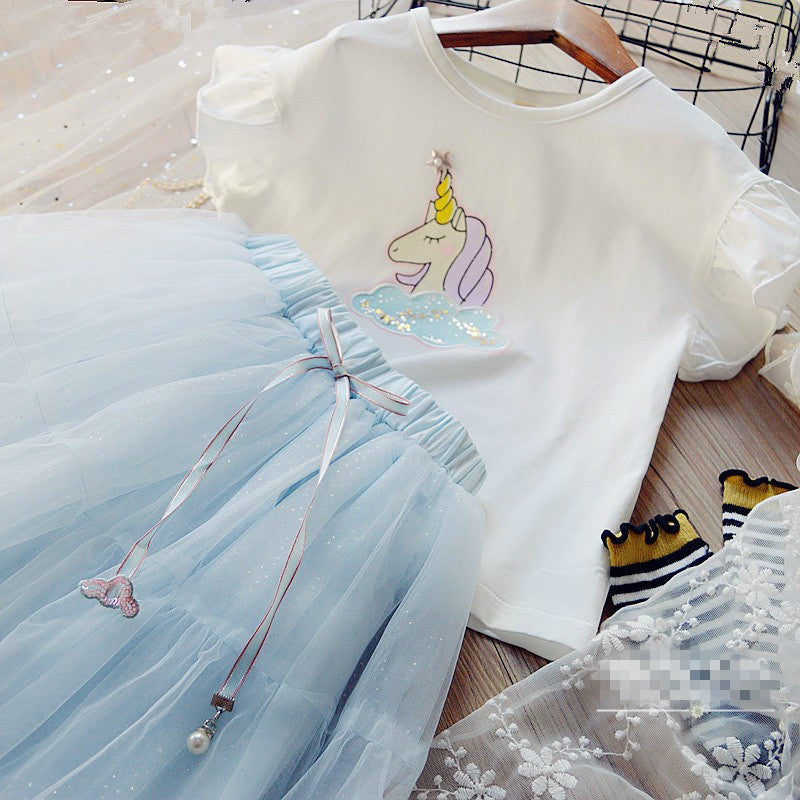 [363260-WHITE BLUE] - Setelan Fashion Trend Anak Perempuan - Motif Unicorn Tutu