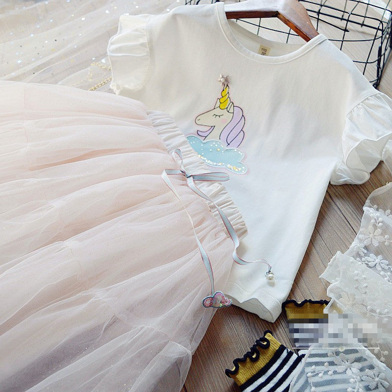 [363260-WHITE PINK] - Setelan Fashion Trend Anak Perempuan - Motif Unicorn Tutu