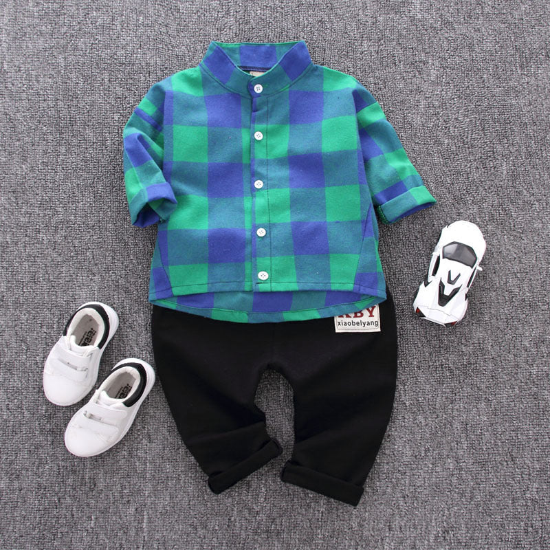 [368283-BLUE GREEN] - Setelan Kemeja Anak - Motif Gingham Classic