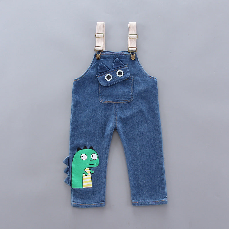 [368217-WHITE] - Setelan Kemeja Overall Trendi Anak - Motif Dino 3D Pocket