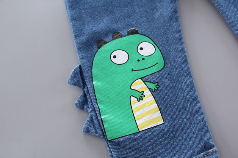 [368217-WHITE] - Setelan Kemeja Overall Trendi Anak - Motif Dino 3D Pocket