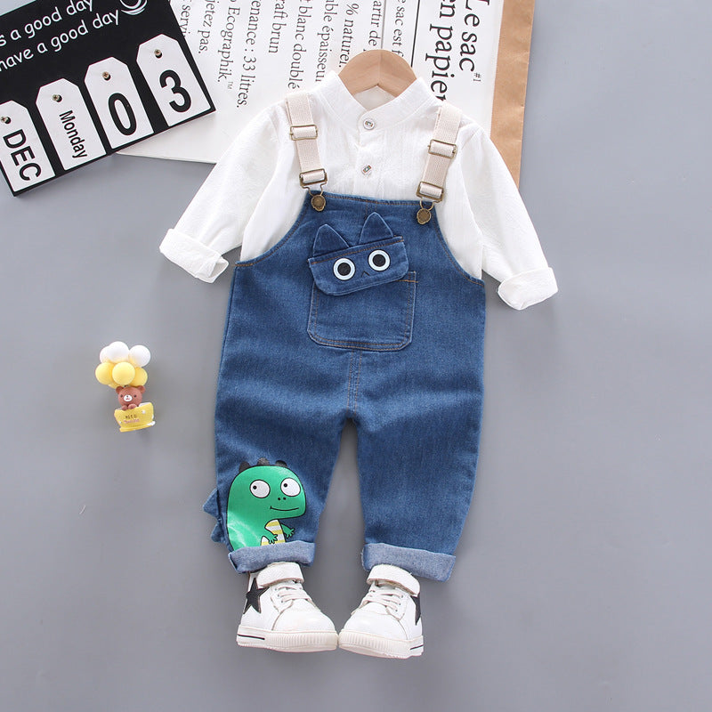 [368217-WHITE] - Setelan Kemeja Overall Trendi Anak - Motif Dino 3D Pocket