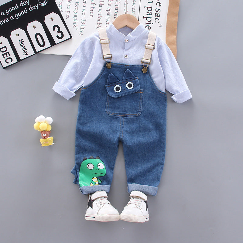 [368217-BLUE] - Setelan Kemeja Overall Trendi Anak - Motif Dino 3D Pocket