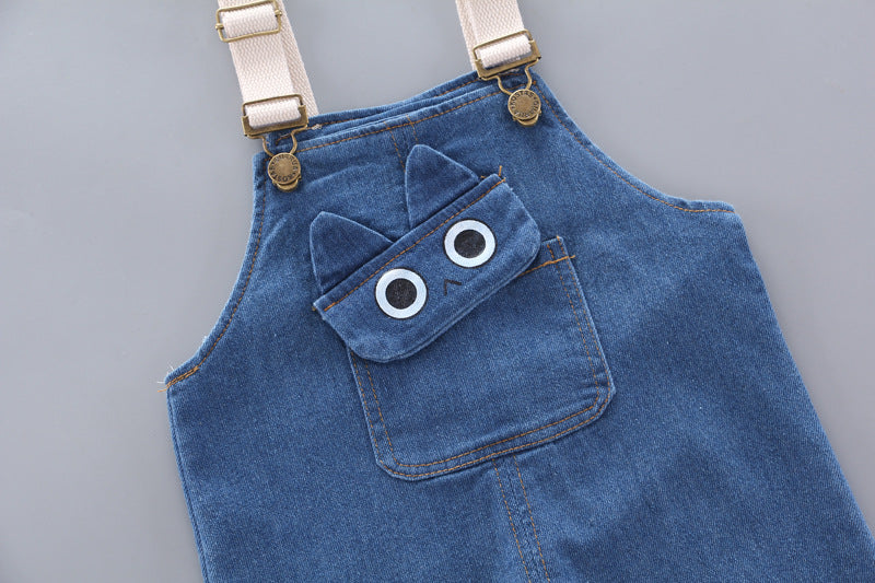 [368217-WHITE] - Setelan Kemeja Overall Trendi Anak - Motif Dino 3D Pocket