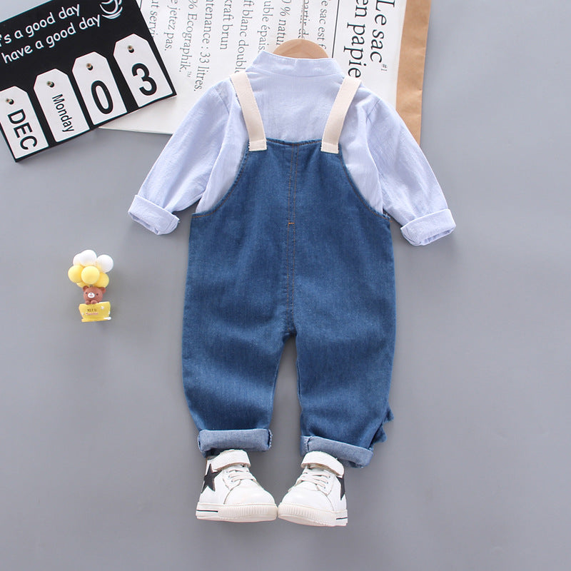 [368217-BLUE] - Setelan Kemeja Overall Trendi Anak - Motif Dino 3D Pocket