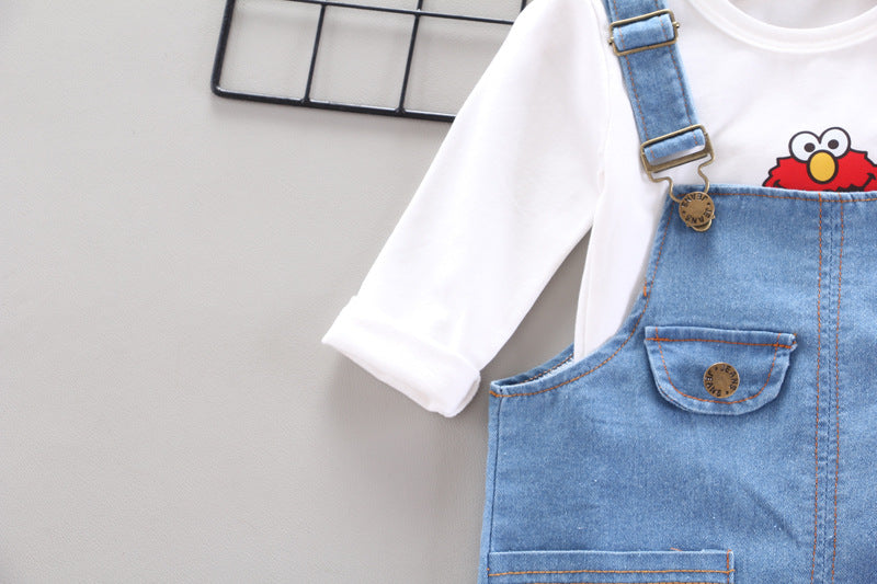 [368216-WHITE] - Baju Setelan Overall Trendi Anak - Motif Elmo Style