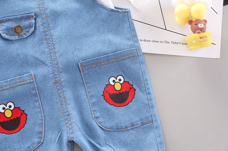 [368216-WHITE] - Baju Setelan Overall Trendi Anak - Motif Elmo Style