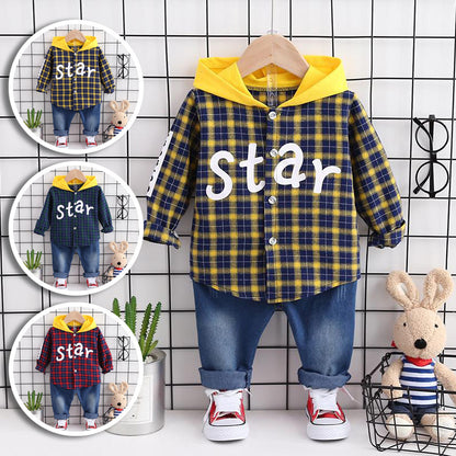 [368348] - Setelan Kemeja Hoodie Fashion Anak - Motif Gingham Star