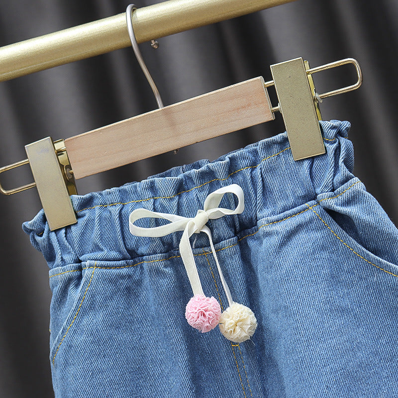 [352350] - Celana Panjang Jogger Denim Pompom Import Anak Perempuan - Motif Fluff Ribbon