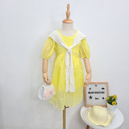 [001386] - Dress Gaun Lengan Pendek Anak Perempuan Gaya Korea - Motif Layered Wrinkles