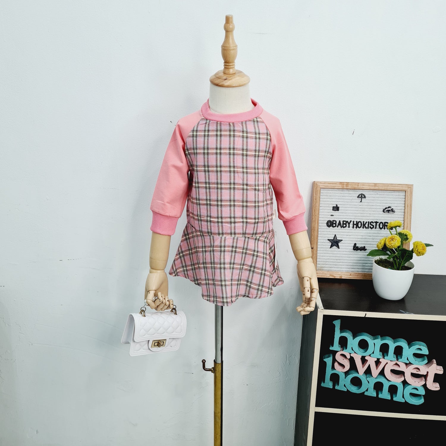 [001396] - 3D Dress Kotak-kotak Lengan Panjang Anak Perempuan - Motif Little Wings