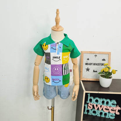 [001389] - Setelan Kaos Kerah Polo Celana Cargo Denim Anak Cowok - Motif Emoticon Box