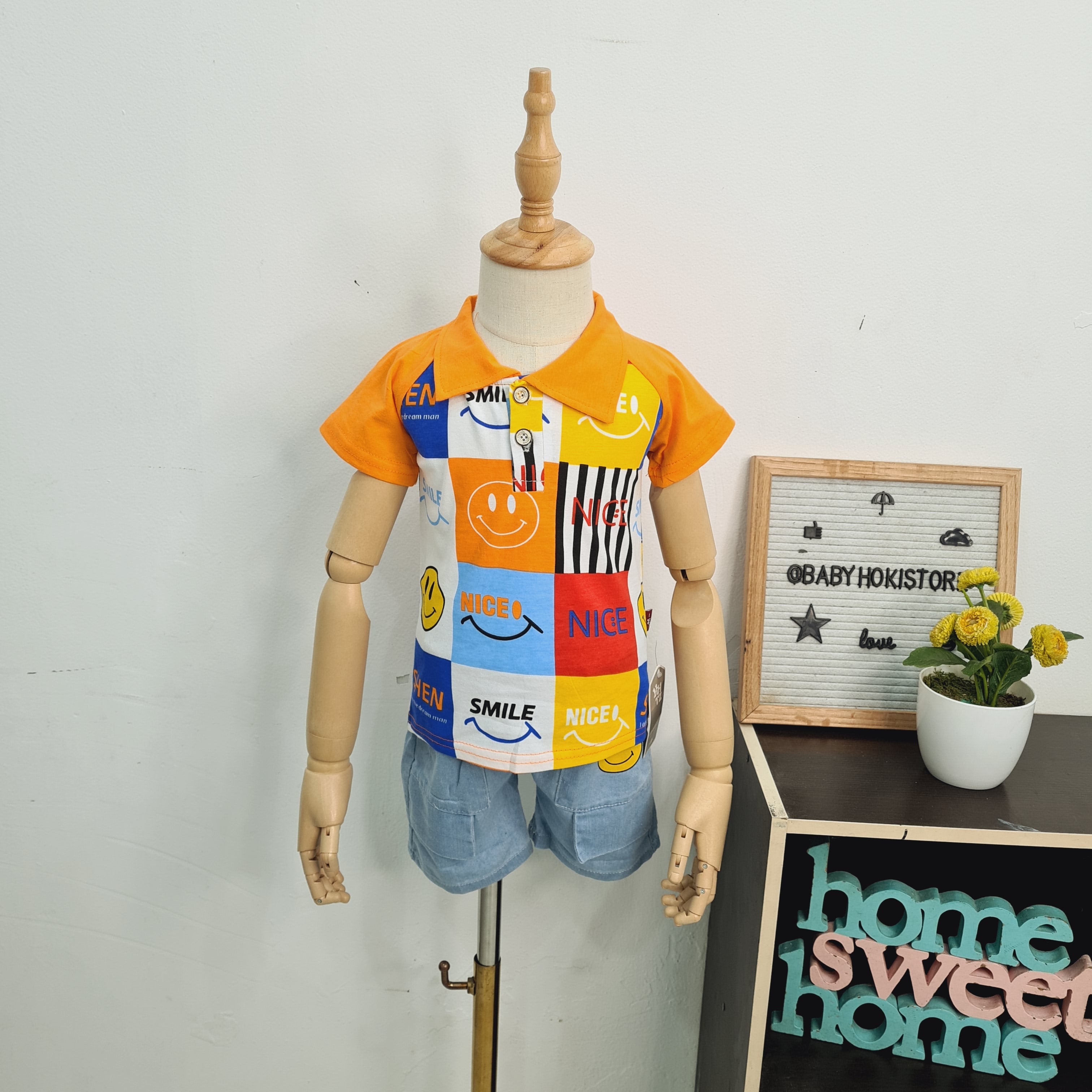 [001389] - Setelan Kaos Kerah Polo Celana Cargo Denim Anak Cowok - Motif Emoticon Box