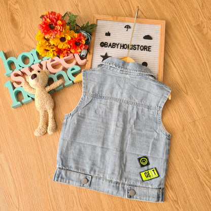 [001415] - Atasan Jaket Rompi Jeans Kutung Anak Laki-Laki - Motif Write Back