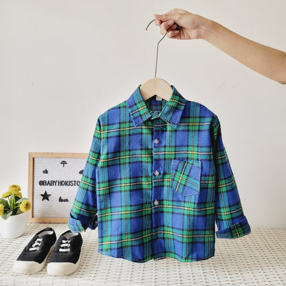 [001423] - Atasan Kemeja Kotak-Kotak Lengan Panjang Anak Cowok - Motif Plaid Plain