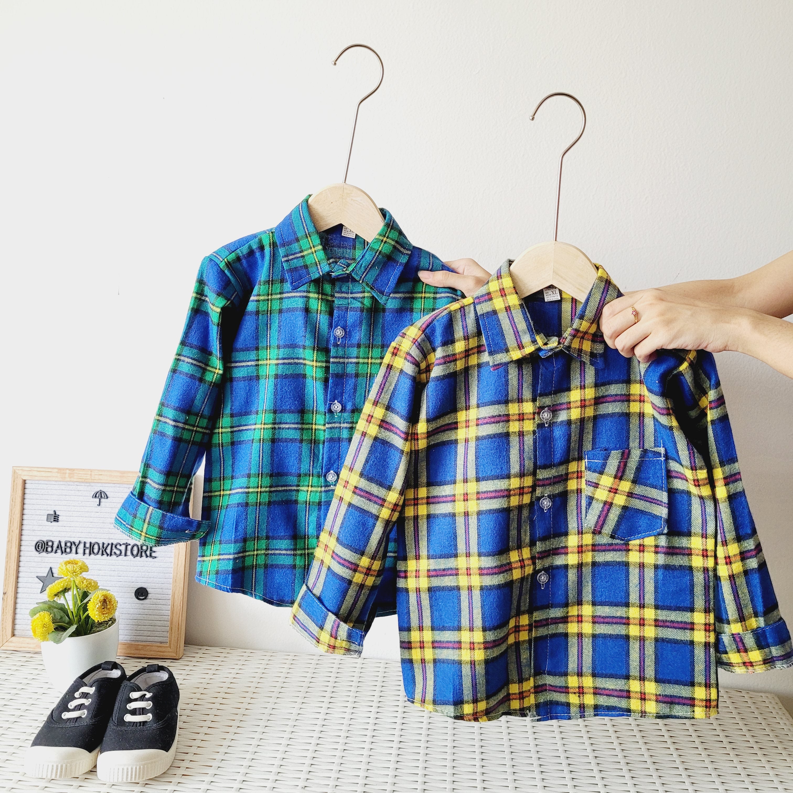 [001423] - Atasan Kemeja Kotak-Kotak Lengan Panjang Anak Cowok - Motif Plaid Plain