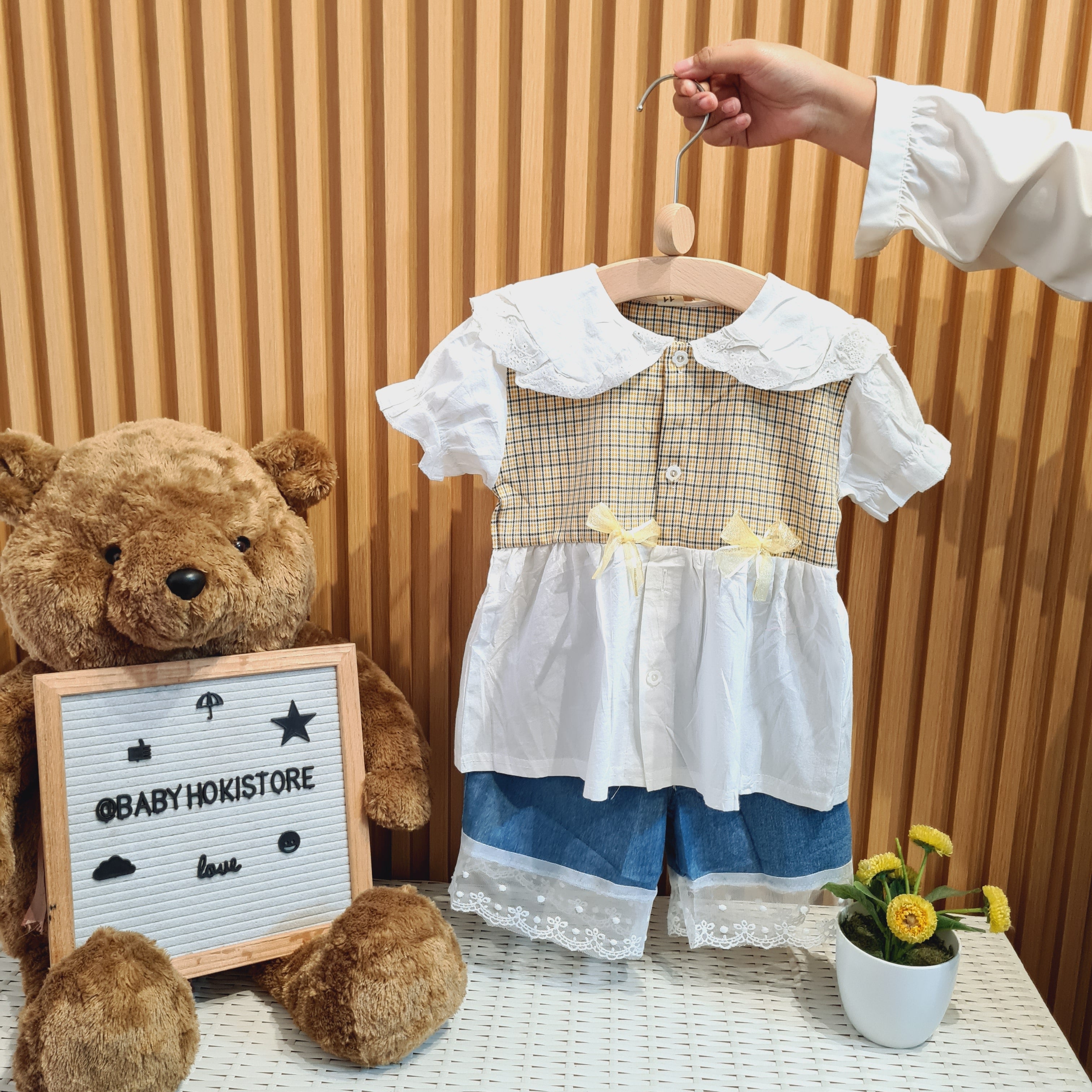 [001432] - Setelan Blouse Celana Pendek Jeans Denim Anak Perempuan - Motif Transparent Lace