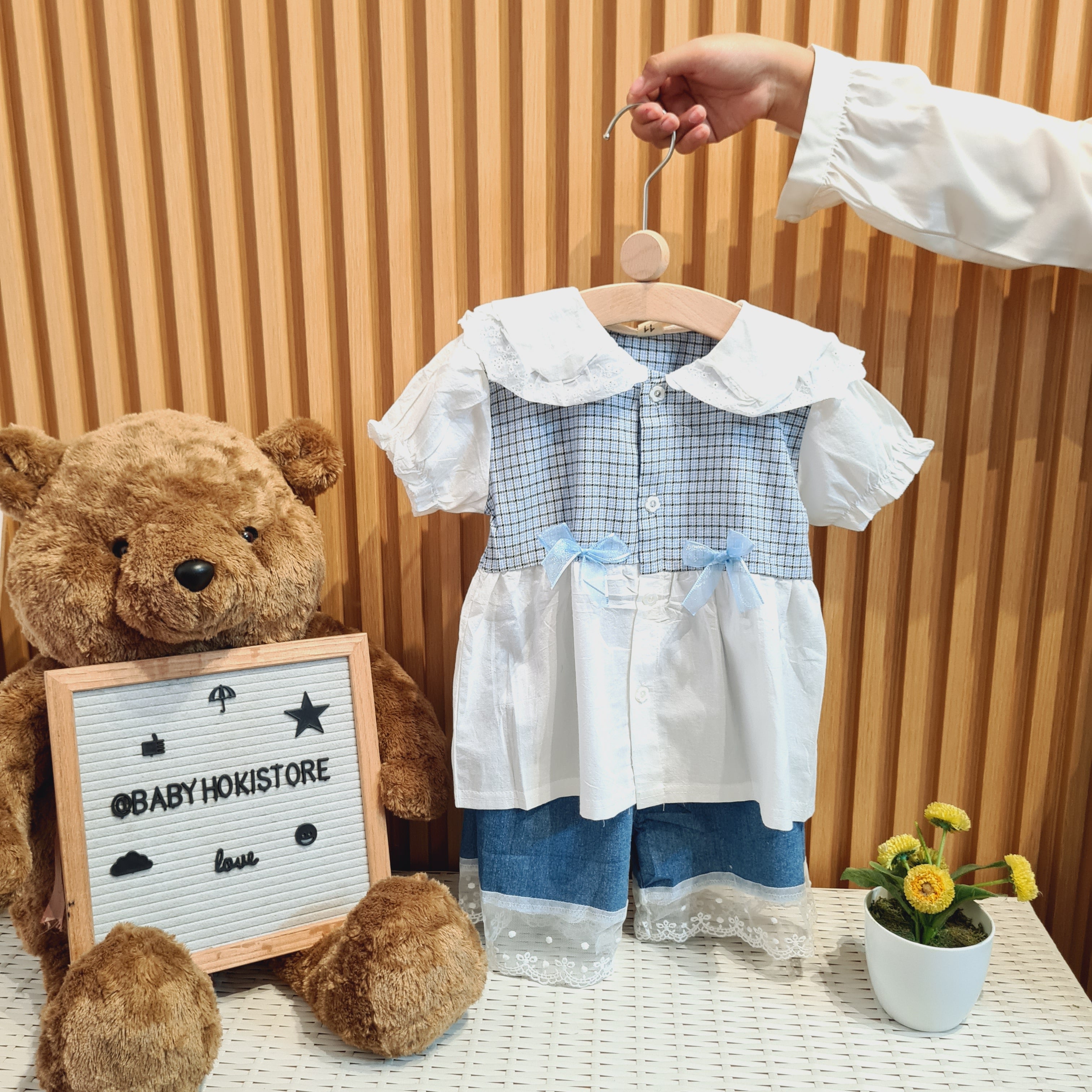 [001432] - Setelan Blouse Celana Pendek Jeans Denim Anak Perempuan - Motif Transparent Lace