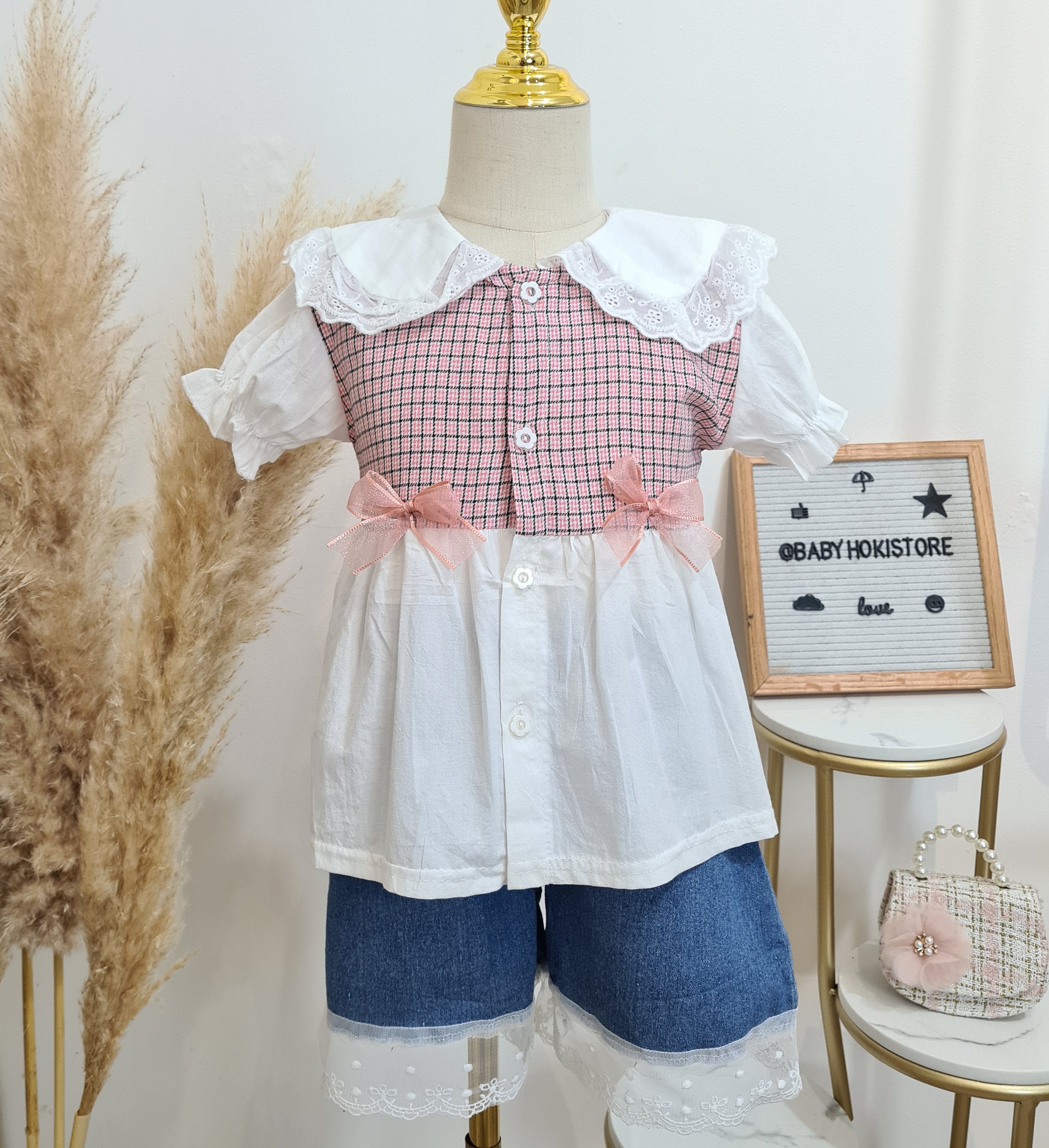 [001432] - Setelan Blouse Celana Pendek Jeans Denim Anak Perempuan - Motif Transparent Lace